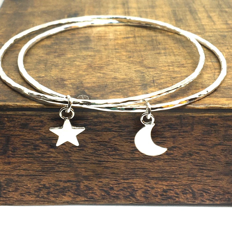 Sterling Silver Star & Moon Bangles