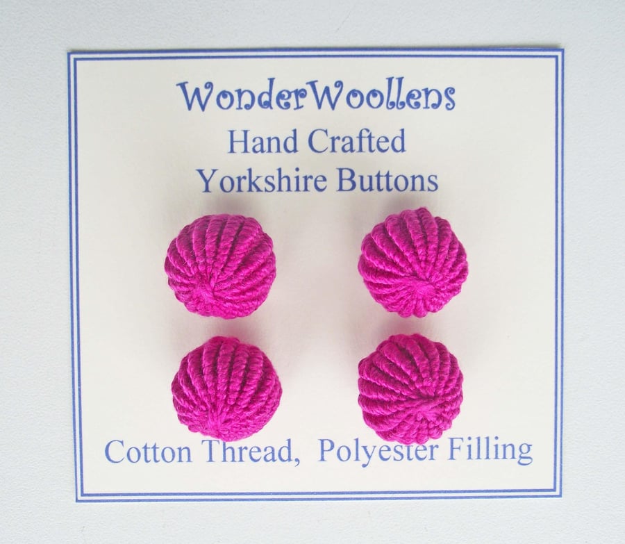 Yorkshire Buttons, Embellishments, Hand Crafted, Cotton Thread, Set of Four Pink