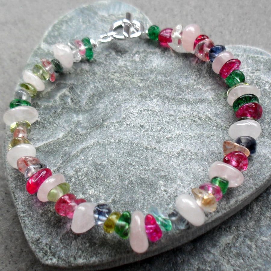 Multi Coloured Quartz and Rose quartz  Beaded Bracelet Silver Plate