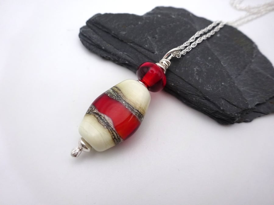 lampwork glass pendant necklace, red and ivory oval