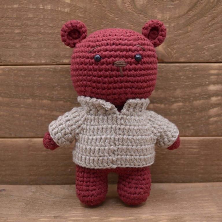 Burgandy Crocheted Bear in Custom Jumper, Handmade Keepsake Teddy
