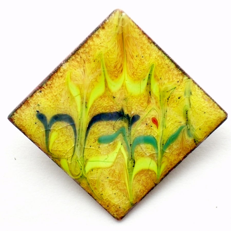 brooch - square: scrolled yellow blue and turquoise on gold over clear enamel