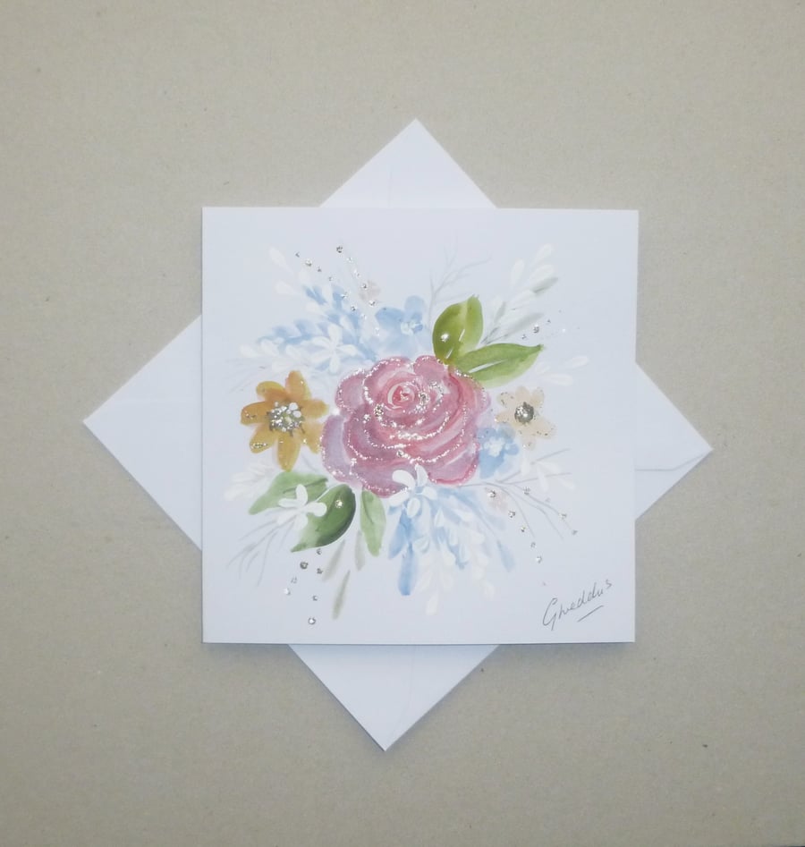 hand painted blank floral greetings card ( ref f 901 C6 )