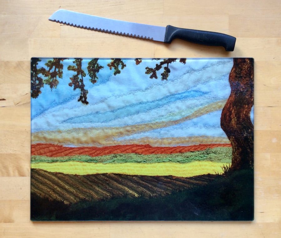 Glass chopping board, bread board, cheese board or worktop saver. 