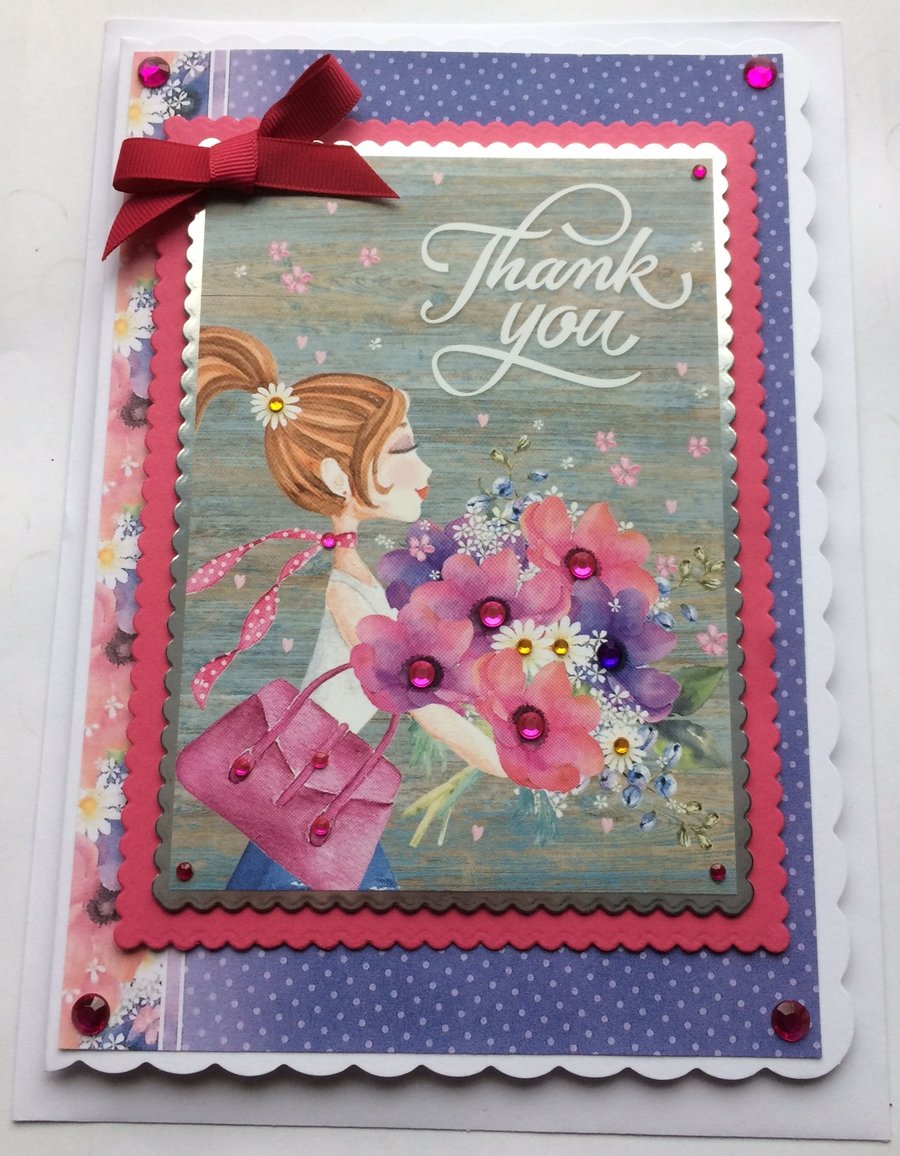 Thank You Card Chic Girl Woman Lady with Bouquet of Flowers 3D Luxury Handmade