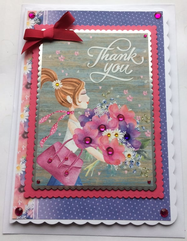 Thank You Card Chic Girl Woman Lady with Bouquet of Flowers 3D Luxury Handmade