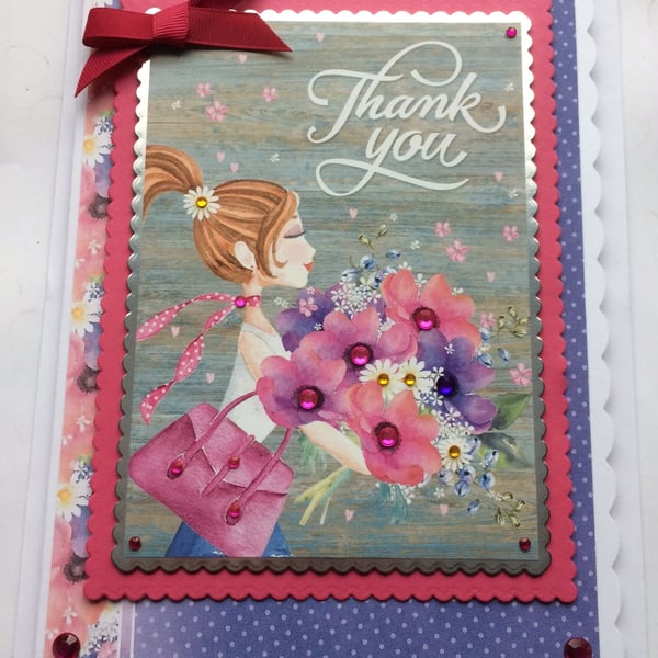 Thank You Card Chic Girl Woman Lady with Bouquet of Flowers 3D Luxury Handmade