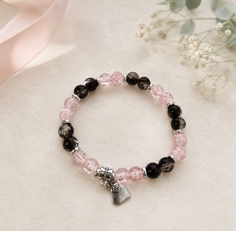 Black and Blush Pink Beaded Bracelet with Heart Charm – Handmade Jewellery