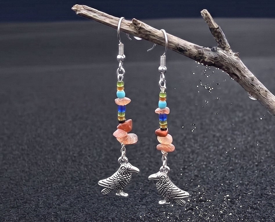 Sunstone Viking Beads Silver Raven Earrings