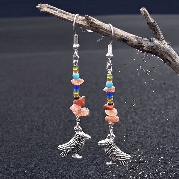 Sunstone Viking Beads Silver Raven Earrings