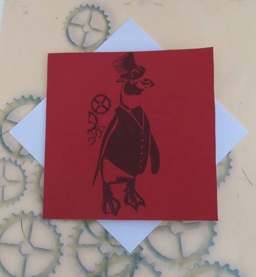 Steampunk Penguin Art Greeting Card From Original Lino Cut Print Red