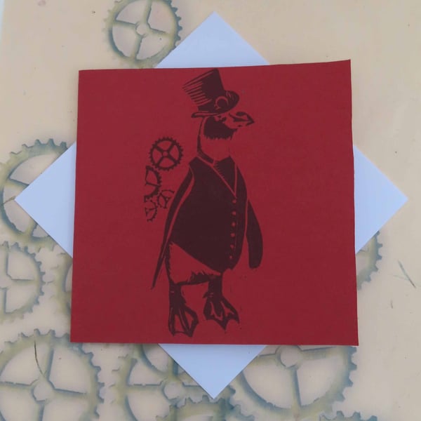 Steampunk Penguin Art Greeting Card From Original Lino Cut Print Red