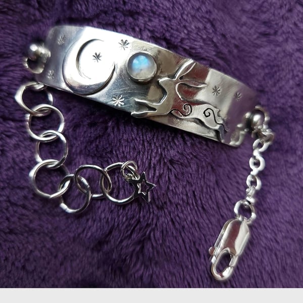 Silver hare and moon bracelet with moostone and charms