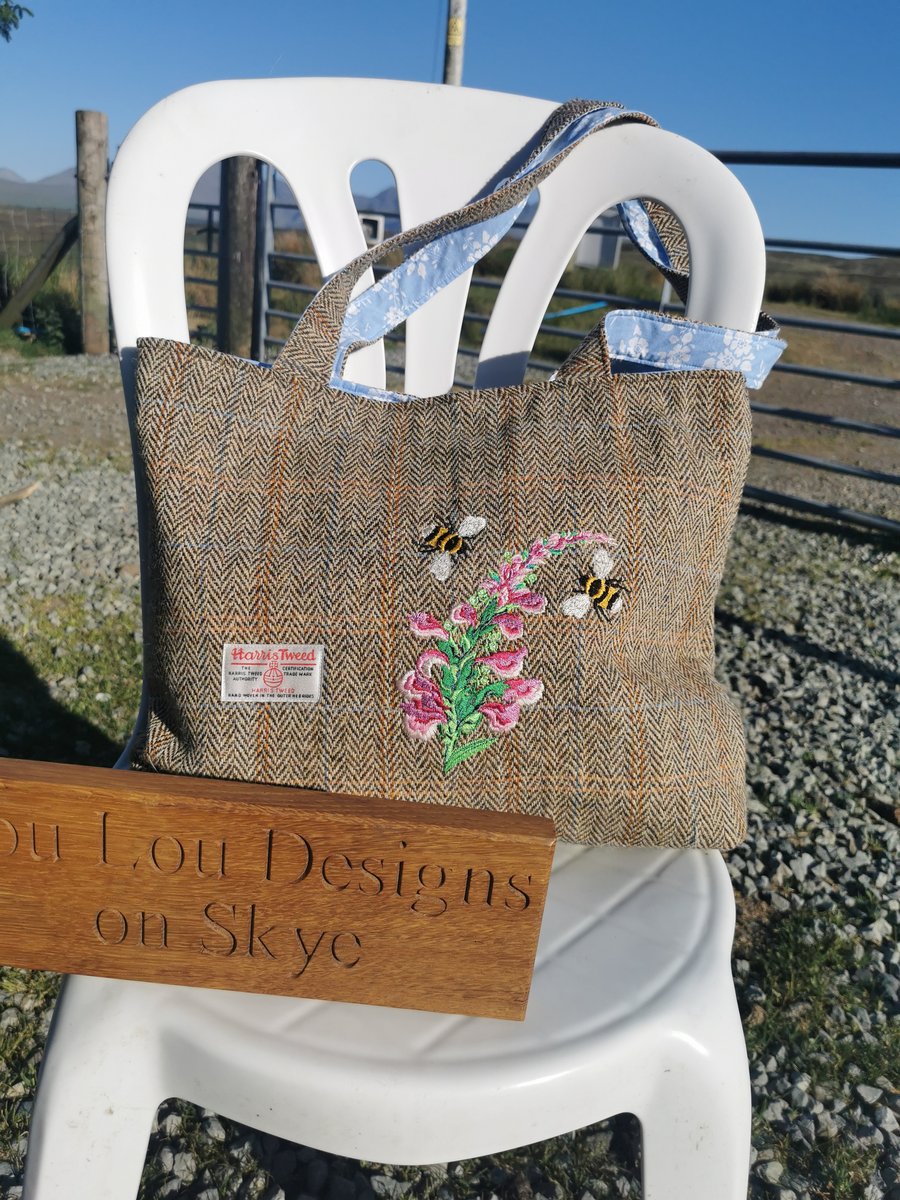 Large Harris Tweed shopper bag woth embroidered flowers and bees
