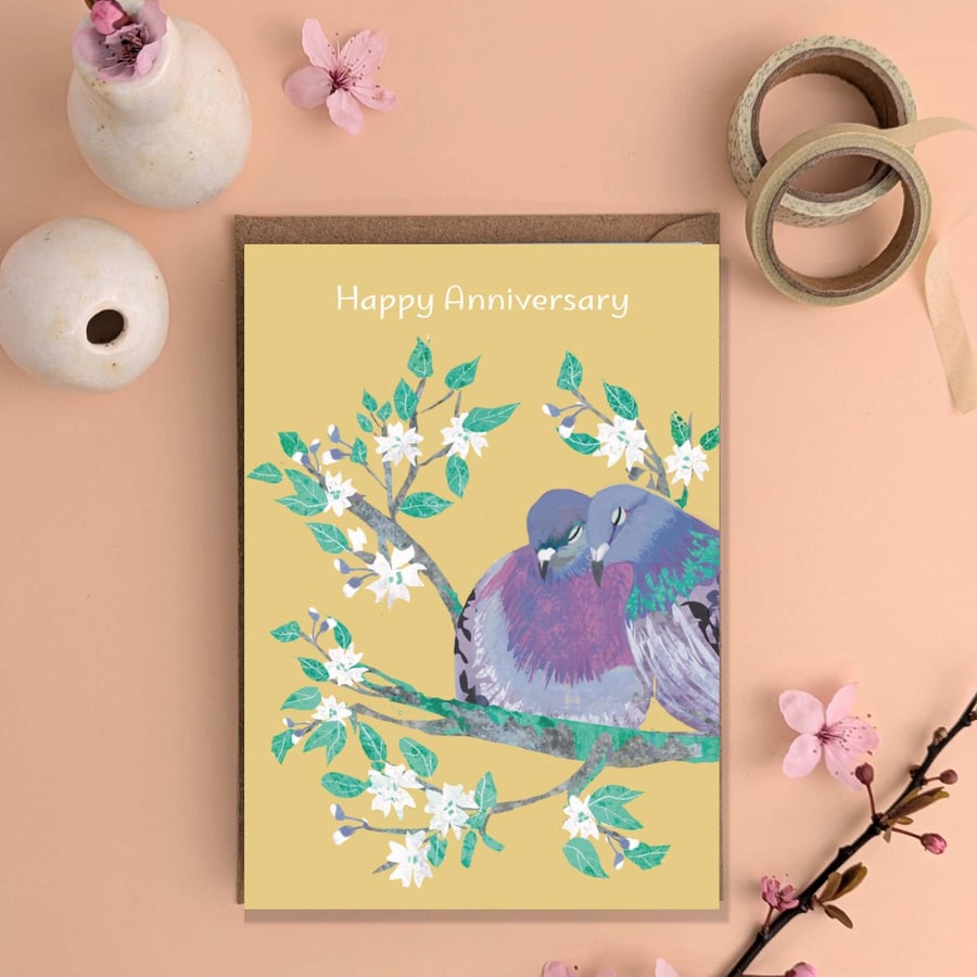 Happy Anniversary garden bird card pair pigeons