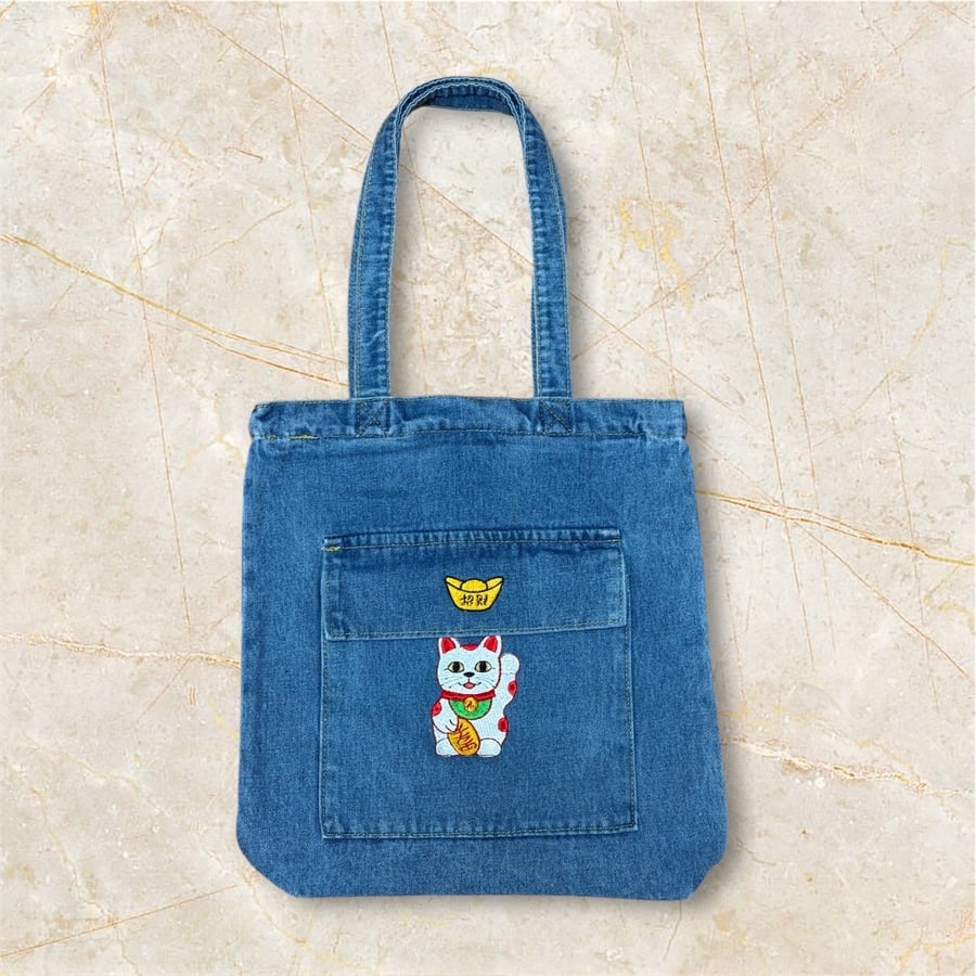 Embroidered Lucky Cat, Zipper Shoulder Denim Bag