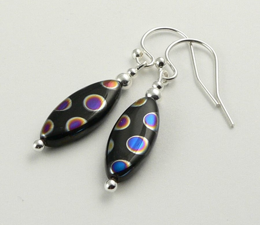 Multicoloured Czech glass drop earrings, sterling silver, 15x6mm, gift box