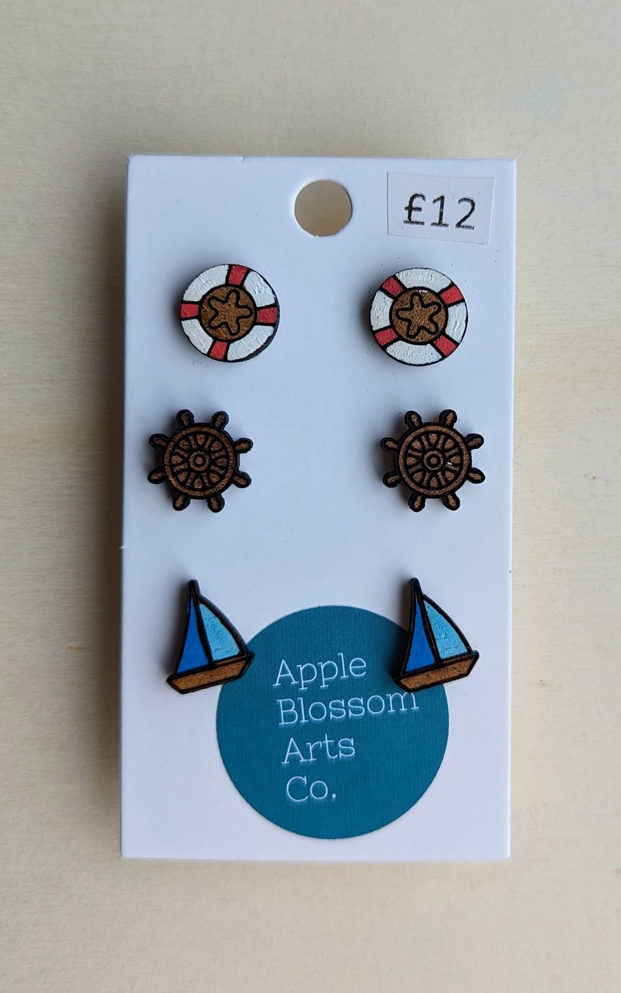 Nautical wooden stud earrings - hypoallergenic stainless steel