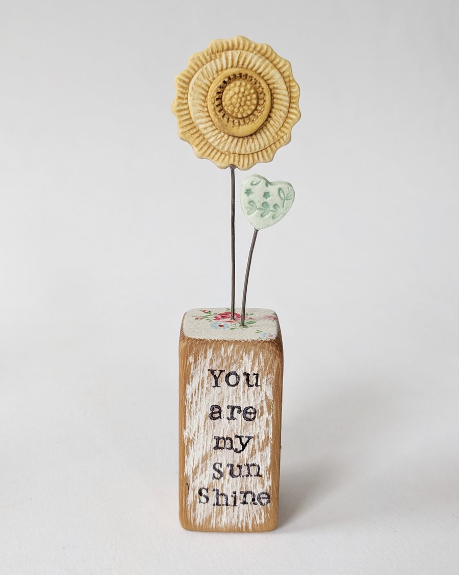 Clay Sunshine in a Wood Block 'You are my Sunshine'