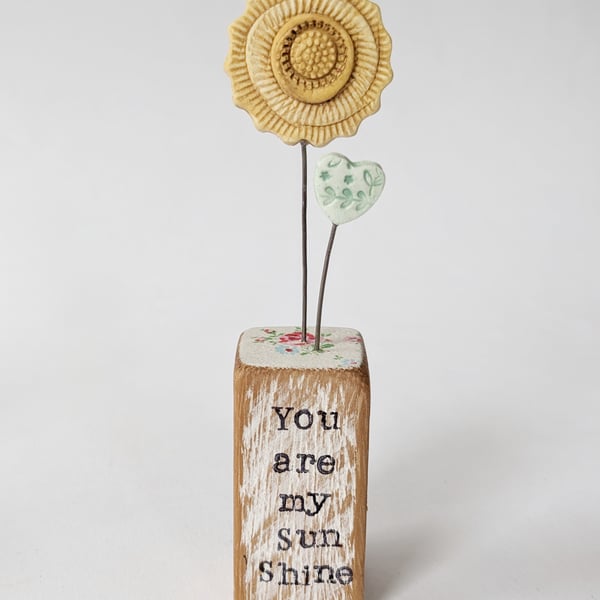 Clay Sunshine in a Wood Block 'You are my Sunshine'
