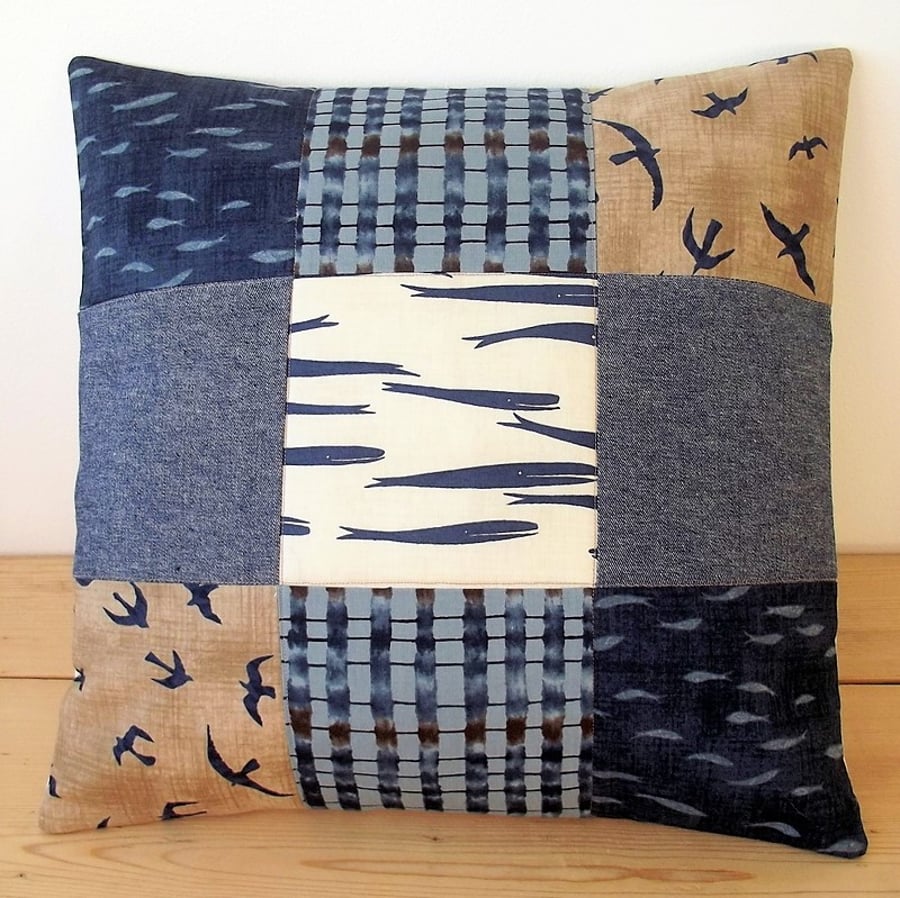 Quilted cushion cover with whales, seagulls and fishes