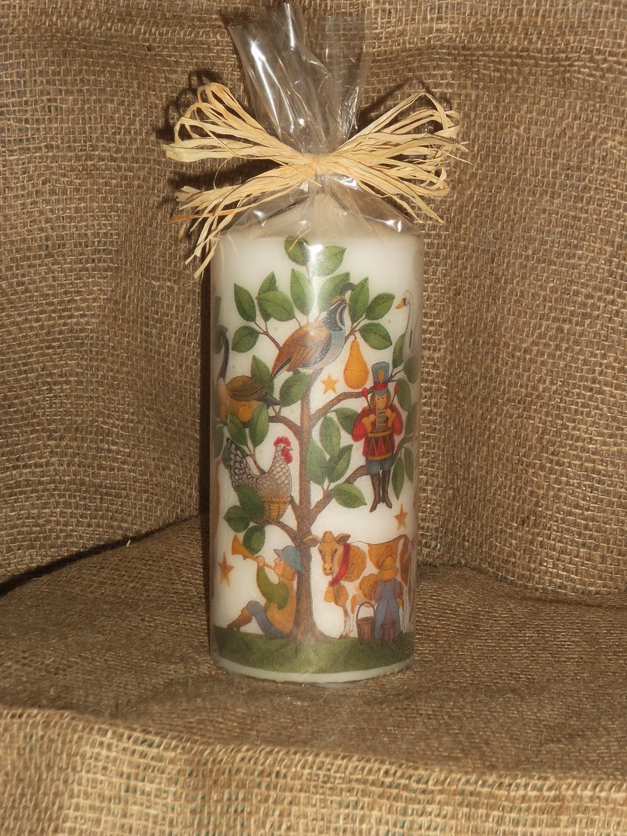 Decorated Candle 12 Days of Christmas Decoupage Unusual 18cms