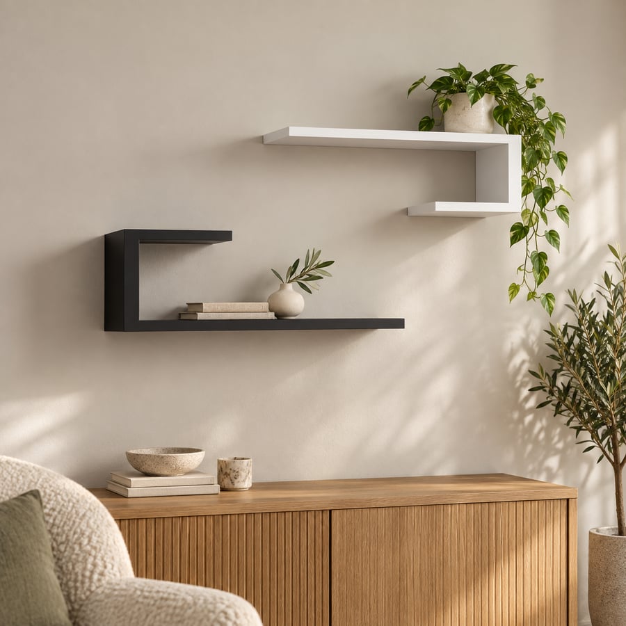Handmade Wooden C-Shaped Floating Shelves, Modern Geometric Wall Decor (Set of 2