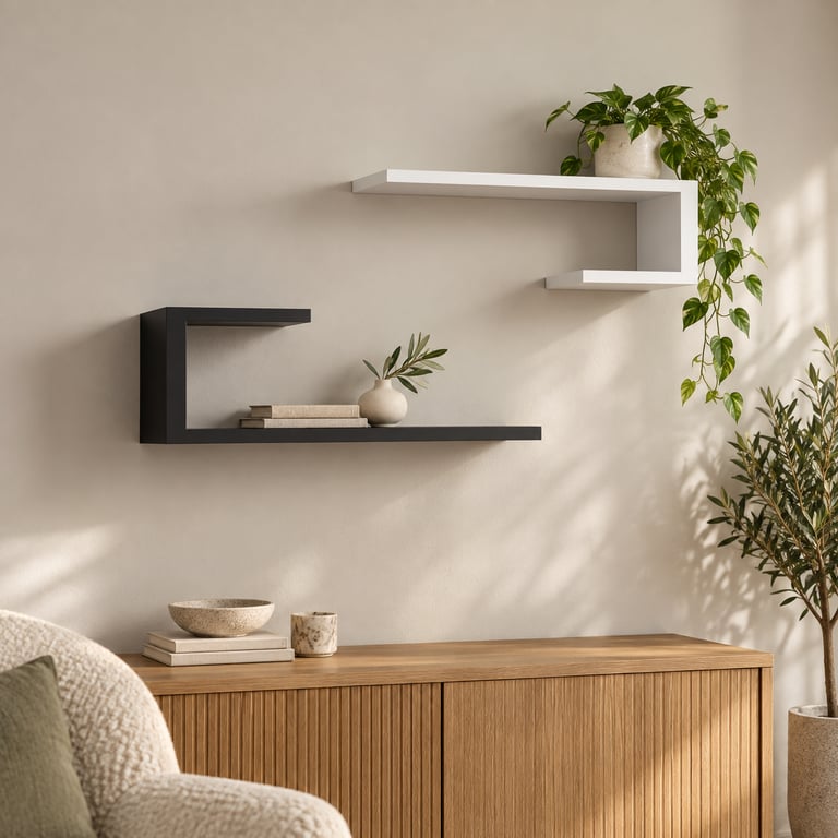 Handmade Wooden C-Shaped Floating Shelves, Modern Geometric Wall Decor (Set of 2