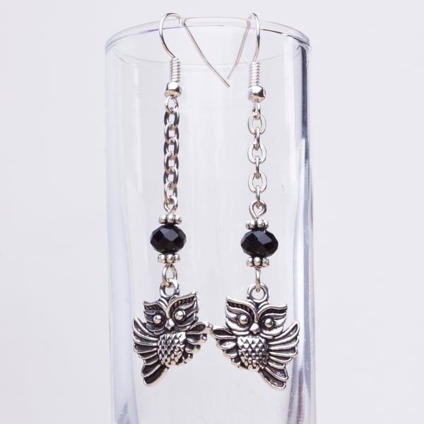  Silver owl earrings - long chain dangle flying bird earrings - Animal jewellery