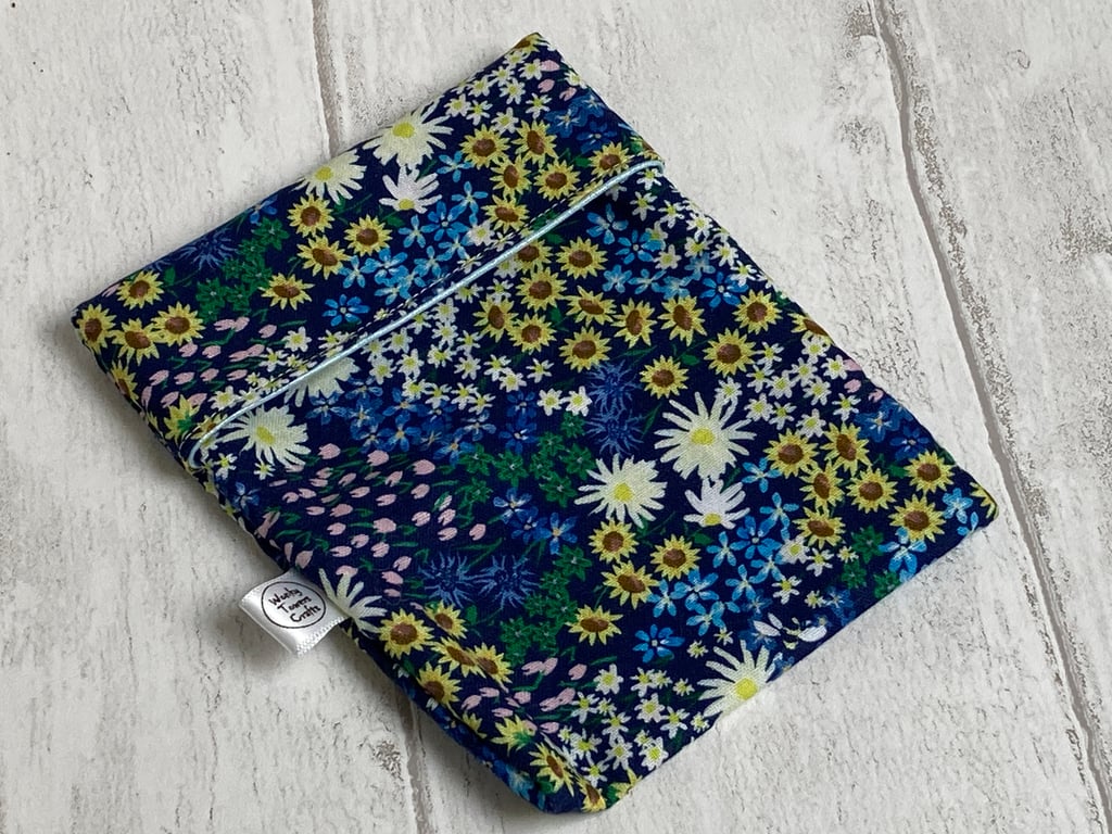 Large snack bag in blue floral print. Reusable and eco-friendly