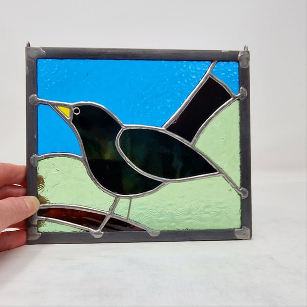 Stained glass garden blackbird copper foil and lead panel 