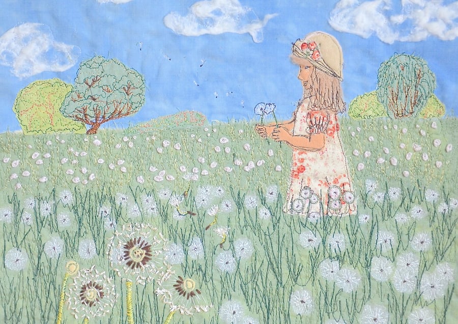 Dandelion clocks and girl countryside meadow scene print