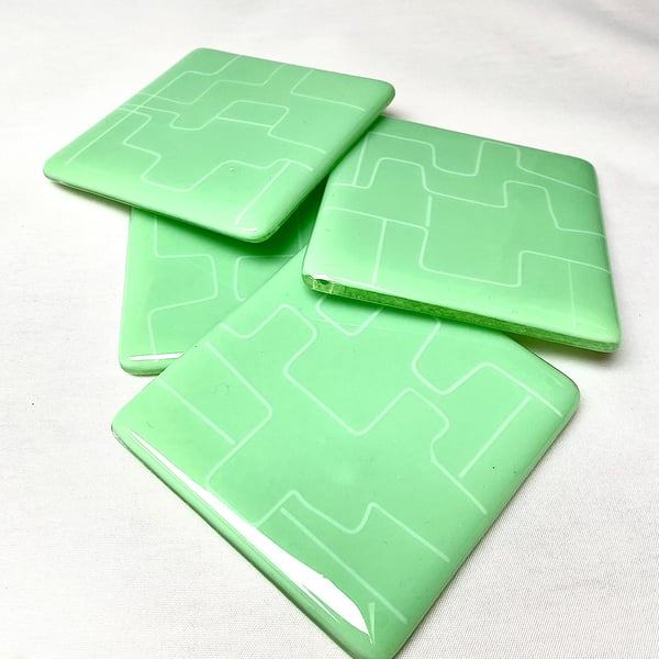 Mint Green Patterned Glass Coaster Set