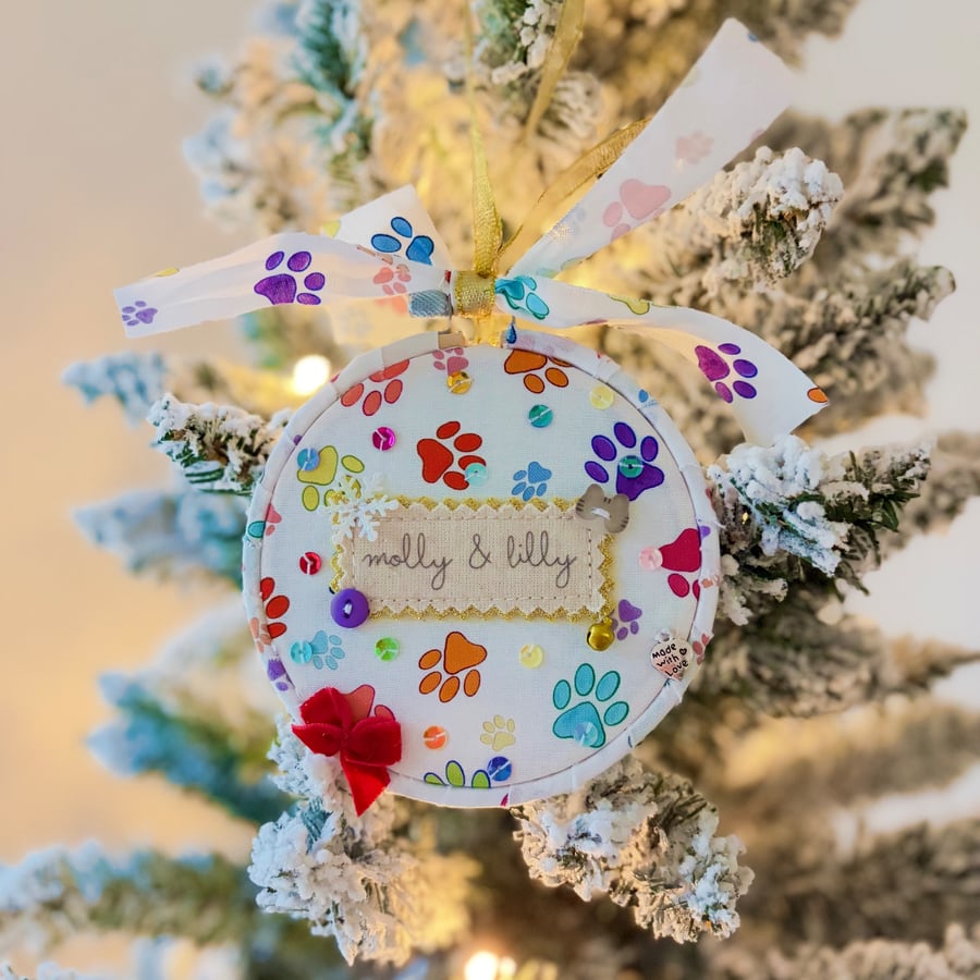 Personalised Cat Christmas Hoop Ornament - Rainbow Paw Fabric Keepsake