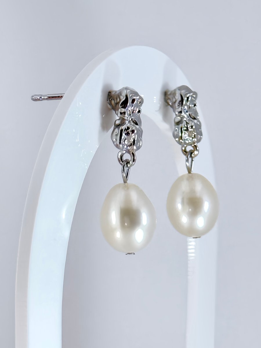 White Oval Freshwater Pearl White Gold Plated Earrings