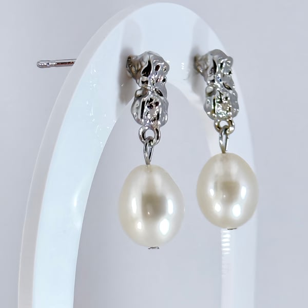 White Oval Freshwater Pearl White Gold Plated Earrings