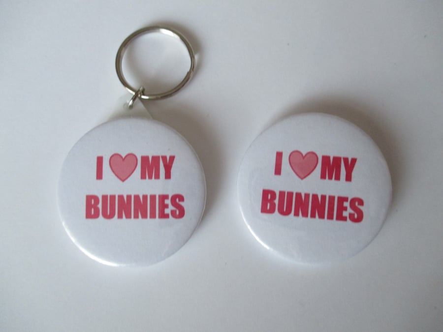 Keyring Bunny Pin Badge Set Text Gift Key Ring Rabbit Badge Pin Set Love Heart