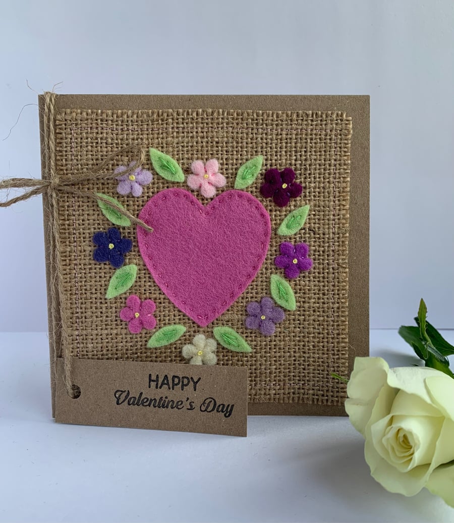 Handmade Valentines card. Rose pink heart and flowers, wool felt. Keepsake card.