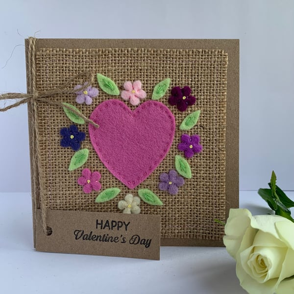 Handmade Valentines card. Rose pink heart and flowers, wool felt. Keepsake card.