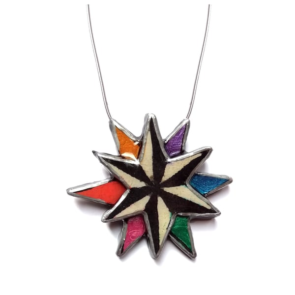 Large Statement Twelve Point star Rainbow Glitter Necklace by EllyMental