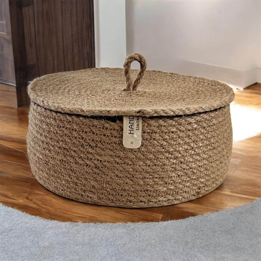 Handmade Jute Storage Basket with Lid – Natural Rustic Home Organiser