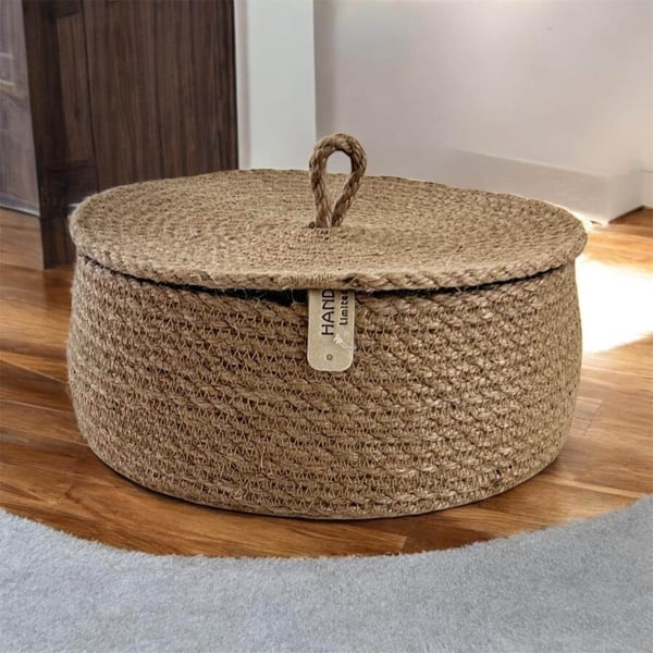 Handmade Jute Storage Basket with Lid – Natural Rustic Home Organiser