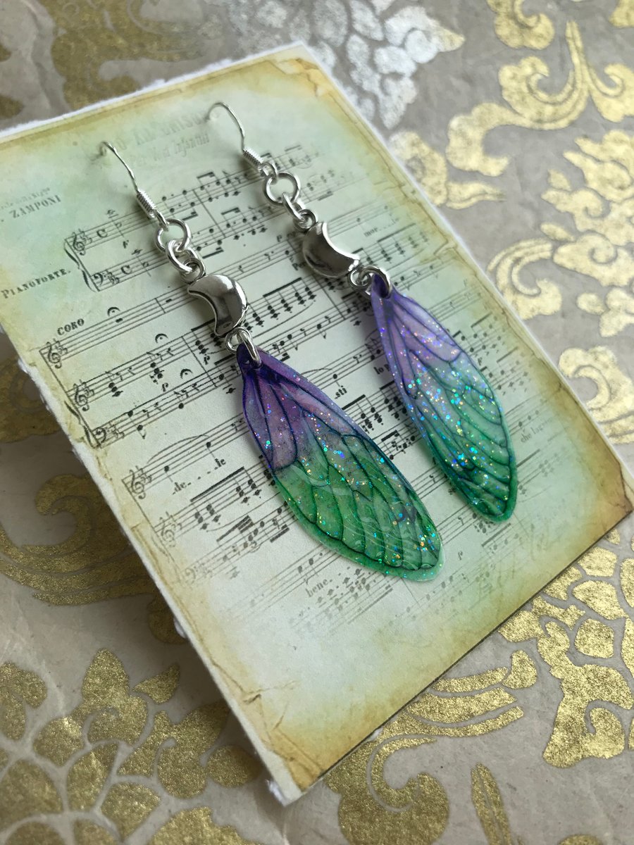 Purple and Green Crescent Moon Fairy Wing Earrings Sterling Silver