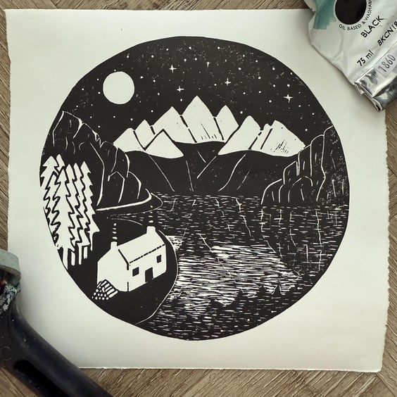 Moonlit Mountains - original hand burnished lino print