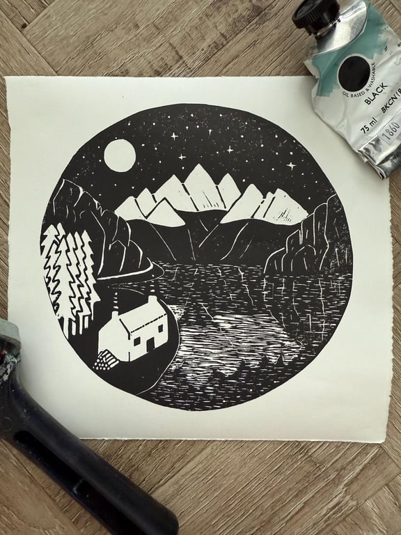Moonlit Mountains - original hand burnished lino print