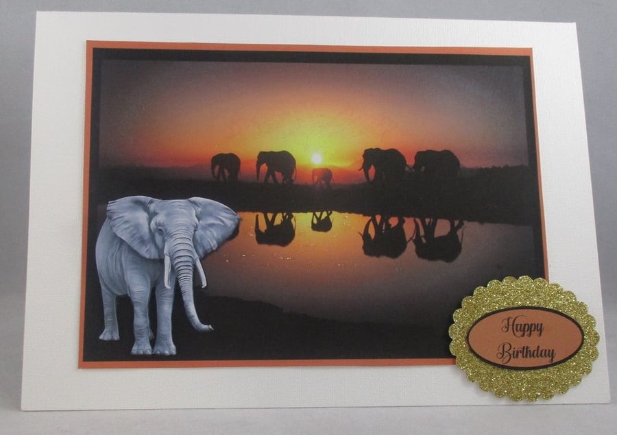Handmade 3D Elephant, Sunset, Greeting Card,Personalise,