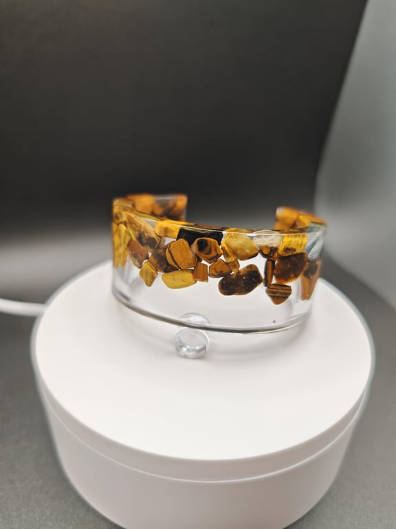 Tiger's Eye Resin Cuff Bracelet: Adjustable Gemstone Bangle, Boho Crystal Jewelr