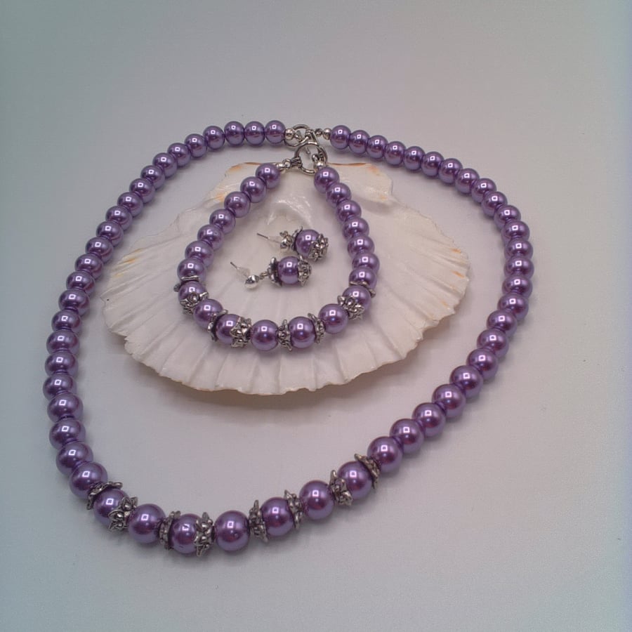 Mauve Pearl and Silver Bead Cap Necklace Bracelet and Earrings, Gift for Her