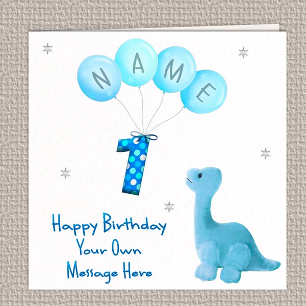 Handmade Personalised Dinosaur 1st Birthday Card, 148mm square 