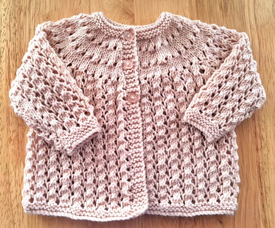 Knitted Baby Cardigan In Peach Pink Yarn 3-6 Months (AJ135)